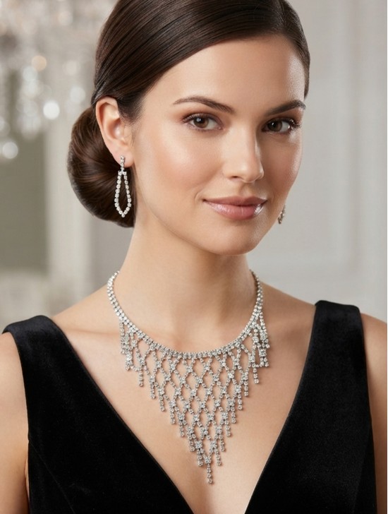 Adjustable Rhinestone Necklace And Earring Set